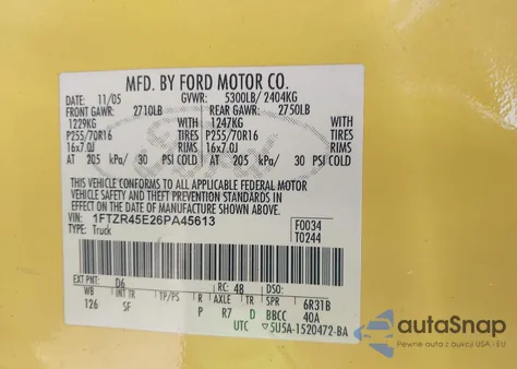 2006 Ford Ranger Fx4 Level Ii/Fx4 Off-Road/Sport/Xlt из США, поврежденный, VIN 1FTZR45E26PA45613